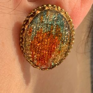 Vintage Copper Teal Glitter Abstract Screw Back Oval Earrings
